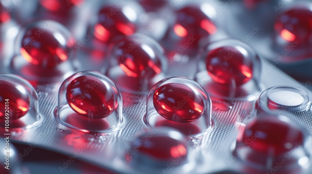 Close-up view of shiny red capsules nestled in a silver blister pack, highlighting themes of healthcare, medication, and pharmaceutical products. Close-up view of shiny red capsules nestled in a silver blister pack, highlighting themes of healthcare, medication, and pharmaceutical products.