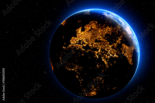 Fototapeta Naklejka Na Ścianę i Meble -  Earth planet on blue night sky with stars. City lights on dark side of the planet. Elements of this image furnished by NASA. 3D rendering.