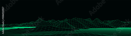 Technology perspective grid with mountain landscape background. Vector digital space wireframe landscape. Green mesh on a black background