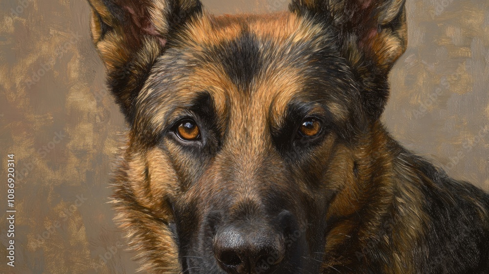 Close-up portrait of a German Shepherd displaying an intense expression with captivating amber eyes, set against a soft, neutral background.