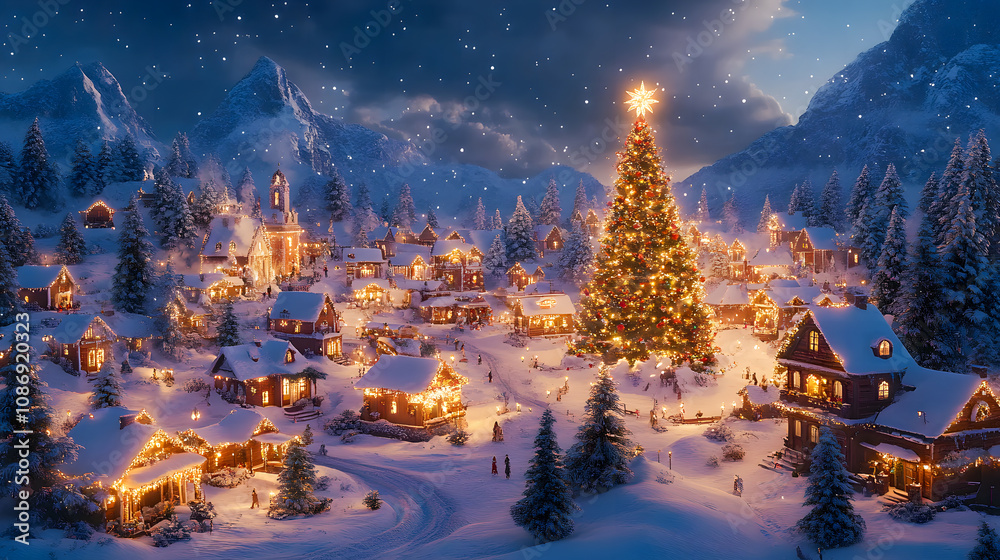 Christmas village, snowy santa village with a big Christmas tree and pine trees, xmas decorations, magical feel Christmas village, snowy santa village with a big Christmas tree and pine trees, xmas decorations, magical feel