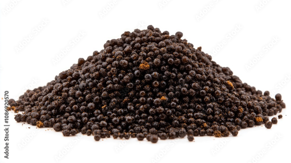 Close-up view of a rich heap of black caviar showcasing shiny pearls on a clean white background, emphasizing its luxurious texture and opulence. Close-up view of a rich heap of black caviar showcasing shiny pearls on a clean white background, emphasizing its luxurious texture and opulence.