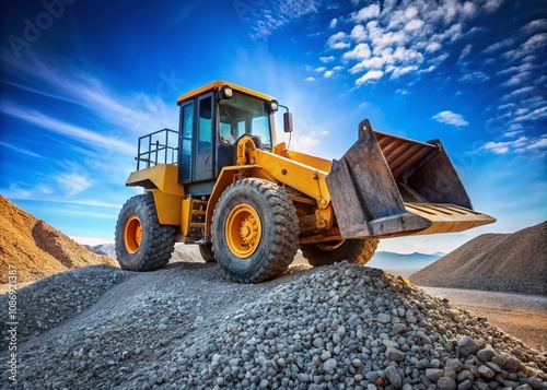 Aerial View of a Powerful Wheel Loader Pouring Crushed Stone Against a Clear Sky, Showcasing Modern Earthwork Equipment in Action for Bulk Handling and Construction Projects photo