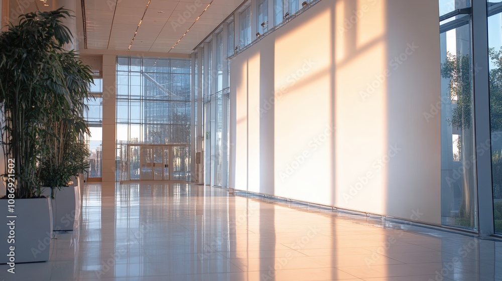 Modern hallway with sunlight reflecting on polished floor during afternoon Modern hallway with sunlight reflecting on polished floor during afternoon