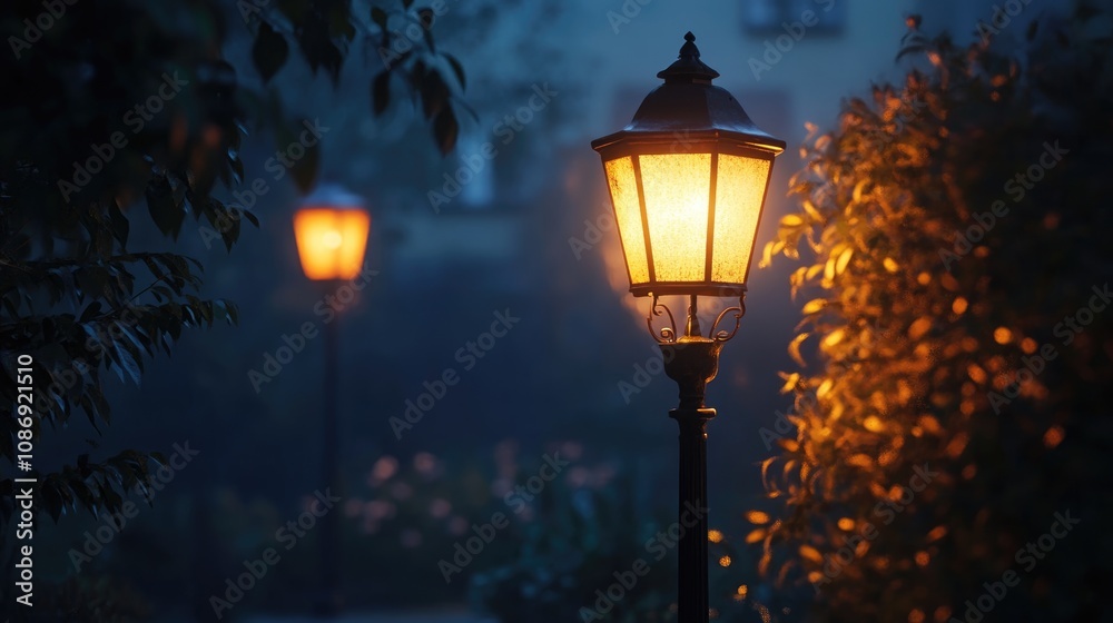 Illuminated classic street lamp glowing softly at dusk, surrounded by lush greenery, creating a tranquil and enchanting evening atmosphere. Illuminated classic street lamp glowing softly at dusk, surrounded by lush greenery, creating a tranquil and enchanting evening atmosphere.
