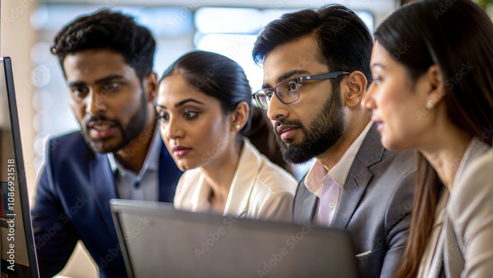 Obraz premium Focused Work Discussion - Indian colleagues discussing data displayed on a large monitor. 