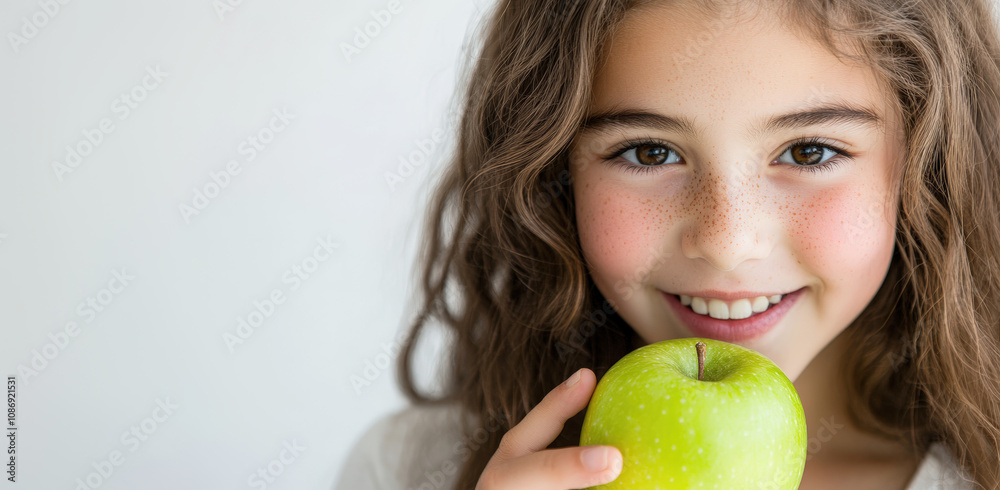 Child enjoys a fresh green apple and smiles in a bright setting Child enjoys a fresh green apple and smiles in a bright setting