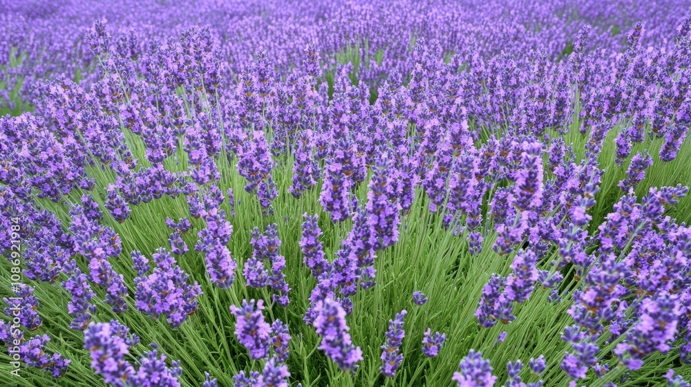 Obraz premium Close-up view of vibrant lavender blooms in a lush field, showcasing their rich purple hues and natural beauty, perfect for relaxation and aromatherapy themes.