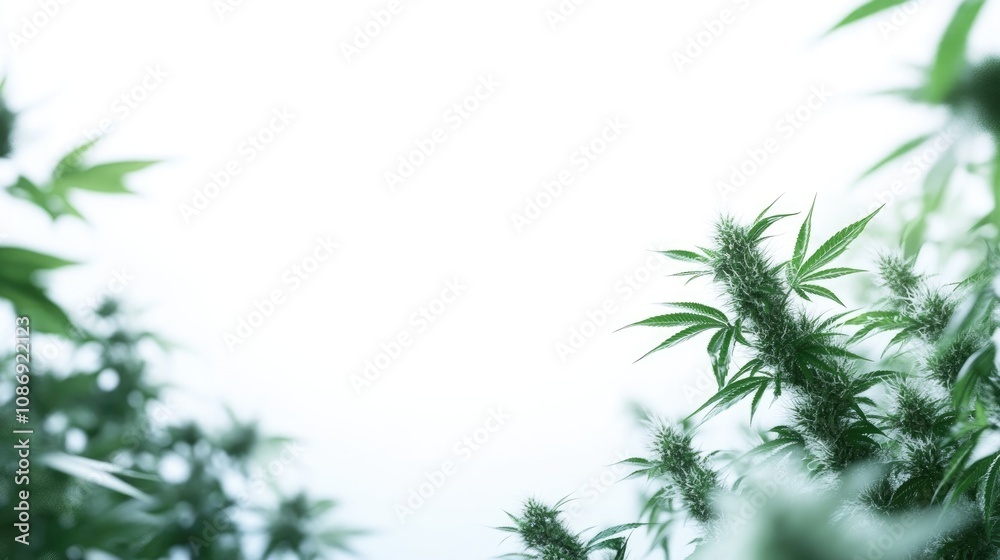 Cannabis plant with lush green leaves and prominent trichomes, set against a soft, bright background with space for text insertion. Cannabis plant with lush green leaves and prominent trichomes, set against a soft, bright background with space for text insertion.