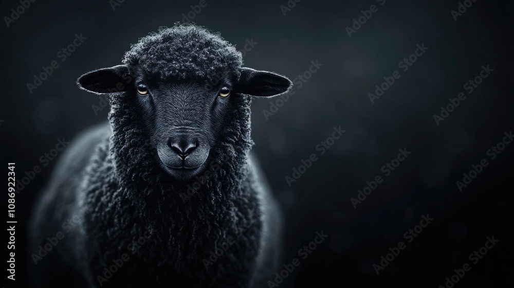 Black sheep in sharp focus against a blurred dark background, featuring neutral space ideal for adding text or overlays. Black sheep in sharp focus against a blurred dark background, featuring neutral space ideal for adding text or overlays.