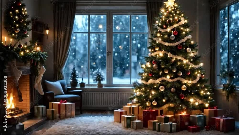 A magical Christmas scene with a decorated tree and gifts under a gentle snowfall. Merry Christmas and happy New Year. Motion animation A magical Christmas scene with a decorated tree and gifts under a gentle snowfall. Merry Christmas and happy New Year. Motion animation