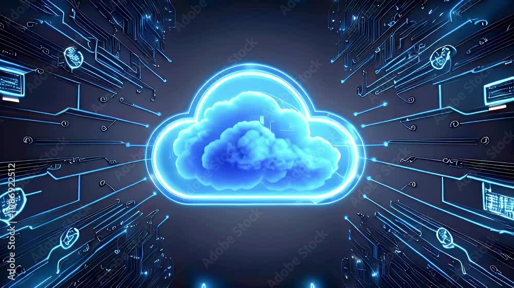 Glowing cloud computing network data center. Glowing cloud computing network data center.