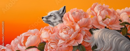 A vibrant peony bush with a silver fox under a dripping golden sky, The fox's tail swirls into the shape of peonies. photo