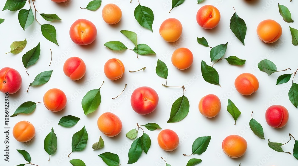 Vibrant apricots arranged with lush green leaves on a white surface, showcasing their bright orange hues and smooth textures for a fresh, natural appeal. Vibrant apricots arranged with lush green leaves on a white surface, showcasing their bright orange hues and smooth textures for a fresh, natural appeal.