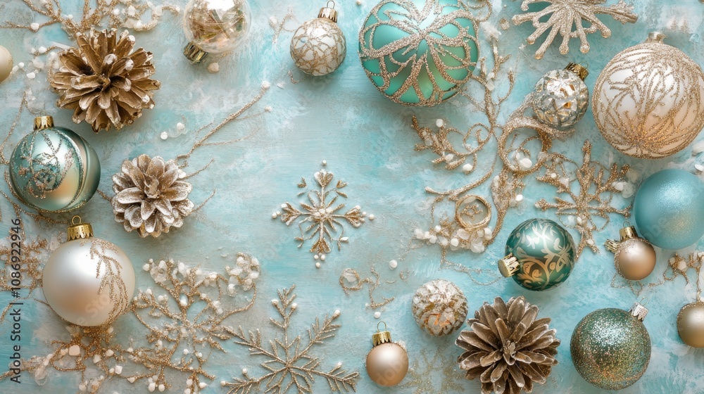 Christmas ornaments and snowflakes arranged on a light turquoise background with gold accents, featuring intricate designs and a festive atmosphere. Christmas ornaments and snowflakes arranged on a light turquoise background with gold accents, featuring intricate designs and a festive atmosphere.