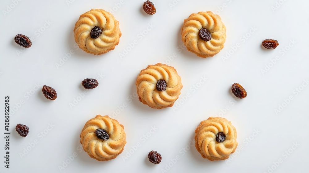 Raisin-topped butter cookies arranged artistically on a clean white background, showcasing their swirled design and golden color. Raisin-topped butter cookies arranged artistically on a clean white background, showcasing their swirled design and golden color.