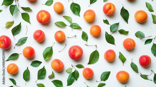 Vibrant apricots arranged with lush green leaves on a white surface, showcasing their bright orange hues and smooth textures for a fresh, natural appeal.