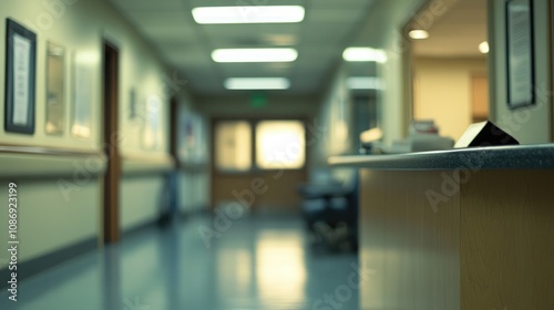 Clinic reception area featuring a sleek counter with blurred hospital hallway in the background, illuminated by fluorescent lights and lined with framed art.