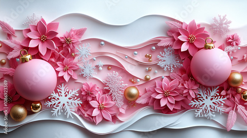 Pink Christmas Ornaments on Snowy Waves