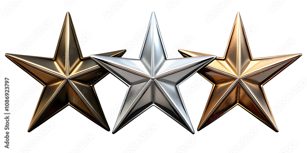Metallic star shape bundle in bronze, silver and gold as design element separate isolated on white background as transparent. PNG. AI GENERATED. Metallic star shape bundle in bronze, silver and gold as design element separate isolated on white background as transparent. PNG. AI GENERATED.