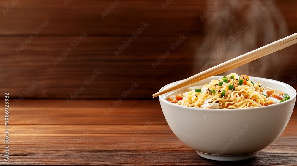 Steaming Bowl of Savory Ramen Noodles with Chopsticks on Wooden Table