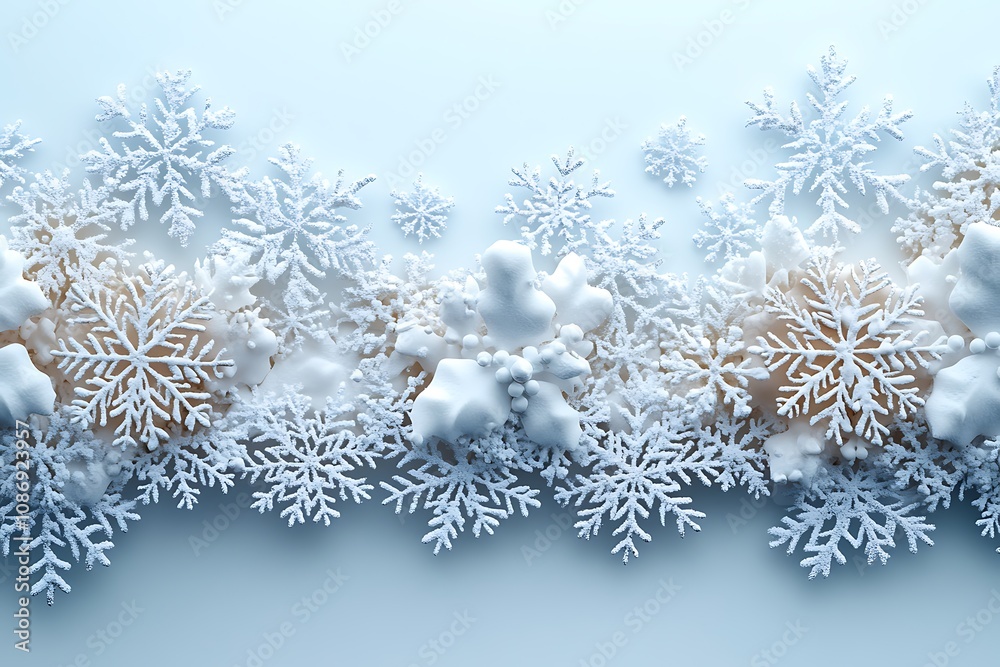 Delicate row of snowflakes against a pristine white backdrop Delicate row of snowflakes against a pristine white backdrop