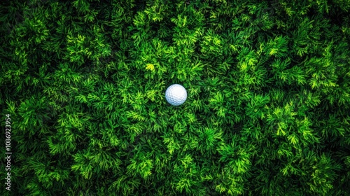 Golf ball situated on lush, vibrant green grass, showcasing a striking contrast between the smooth sphere and the textured foliage. photo