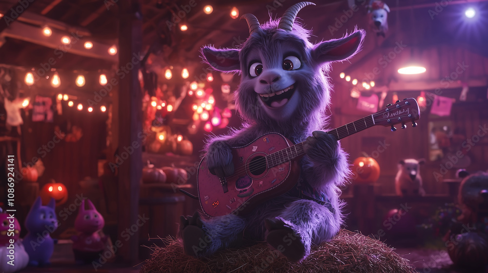 Naklejka premium fluffy purple goat smiles playing a decorated guitar while sitting on hay in a dimly lit barn with Halloween decorations and other plush animals