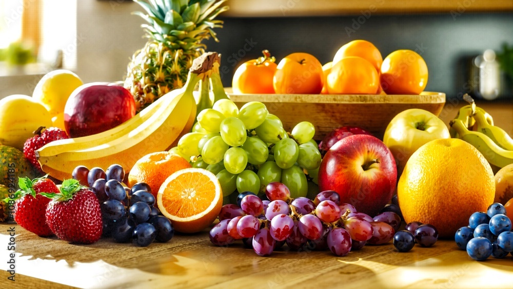 There are lots of fresh fruits such as oranges, apples, grapes, bananas and others on the table There are lots of fresh fruits such as oranges, apples, grapes, bananas and others on the table