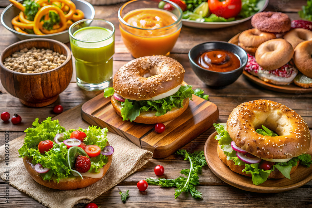 A vibrant spread of bagels, salads, and drinks on a rustic wooden table, showcasing fresh ingredients and a variety of delicious food options. A vibrant spread of bagels, salads, and drinks on a rustic wooden table, showcasing fresh ingredients and a variety of delicious food options.