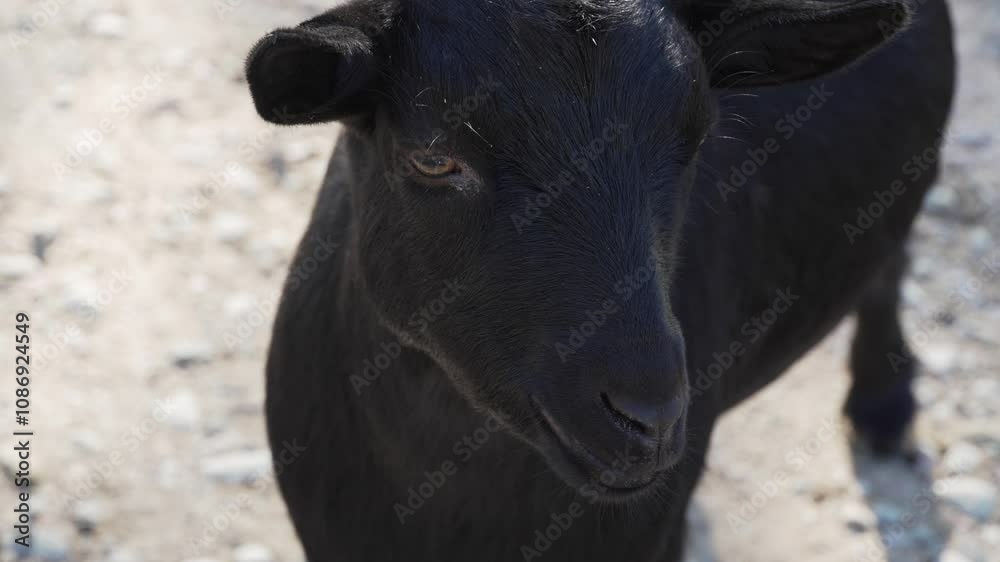 A close up of a black young goat walking freely. Hoofed animal goat. Bearded goats are feeding and grazing A close up of a black young goat walking freely. Hoofed animal goat. Bearded goats are feeding and grazing