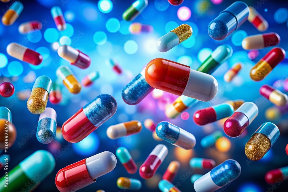 Aerial View of Floating Capsules on a Vibrant Blue Background Representing Health and Medicine Advancements in a Modern Context