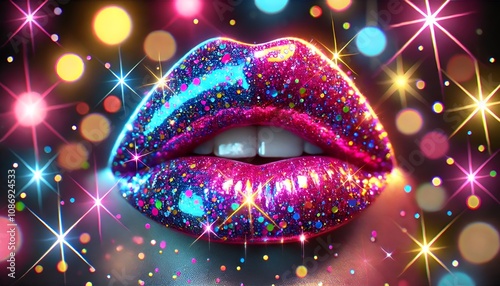 Vibrant glitter lips under colorful lighting