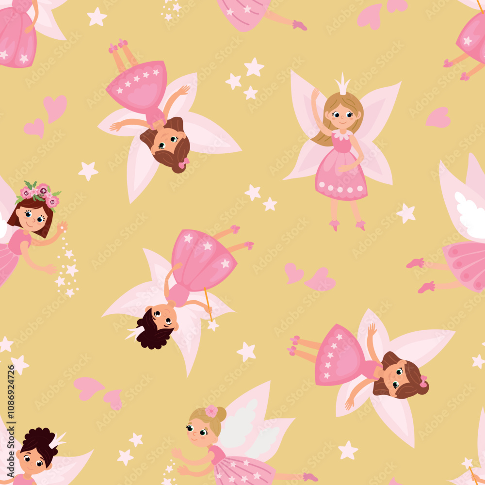 Magical Seamless Pattern with Fairies. Design for fabric, textile, wallpaper, packaging, nursery Magical Seamless Pattern with Fairies. Design for fabric, textile, wallpaper, packaging, nursery
