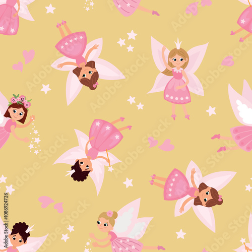 Magical Seamless Pattern with Fairies. Design for fabric, textile, wallpaper, packaging, nursery