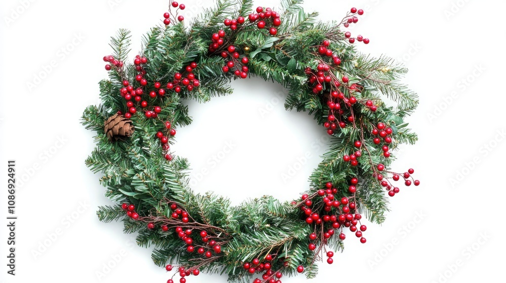 Festive Christmas wreath decorated with lush green branches, vibrant red berries, and a subtle pine cone accenting the cozy holiday spirit. Festive Christmas wreath decorated with lush green branches, vibrant red berries, and a subtle pine cone accenting the cozy holiday spirit.