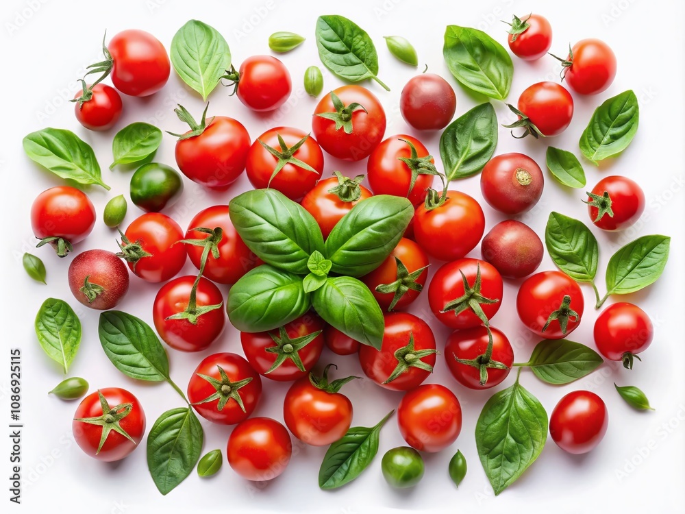 Aerial View of Fresh Tomatoes and Basil Leaves on a Clean White Background, Perfect for Culinary and Food Photography, Showcasing Vibrant Colors and Natural Ingredients Aerial View of Fresh Tomatoes and Basil Leaves on a Clean White Background, Perfect for Culinary and Food Photography, Showcasing Vibrant Colors and Natural Ingredients