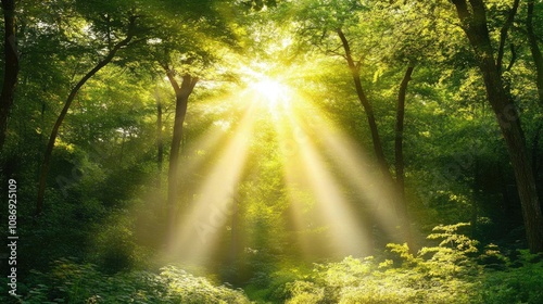 Sunlight streaming through lush green trees in a tranquil forest, creating a magical atmosphere with soft beams illuminating the foliage and undergrowth.
