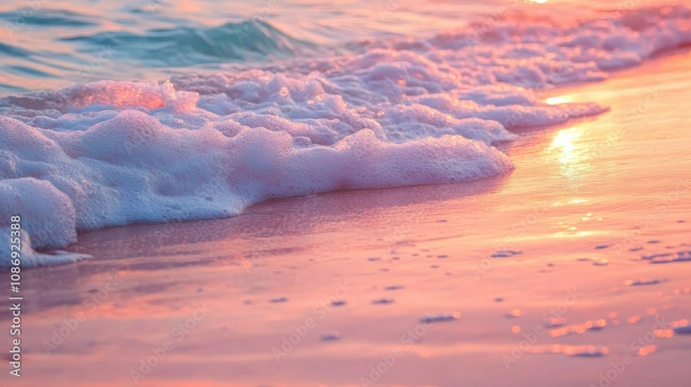 Close-up of gentle turquoise ocean waves lapping against a pink sand beach at dawn, creating soft white foam and a serene atmosphere. Close-up of gentle turquoise ocean waves lapping against a pink sand beach at dawn, creating soft white foam and a serene atmosphere.