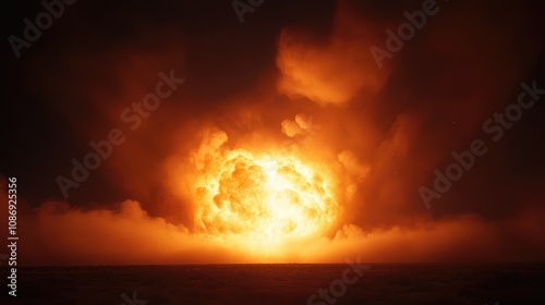 Vivid fireball explosion lighting up the night sky, surrounded by thick clouds and intense flames, showcasing chaotic energy and destruction.