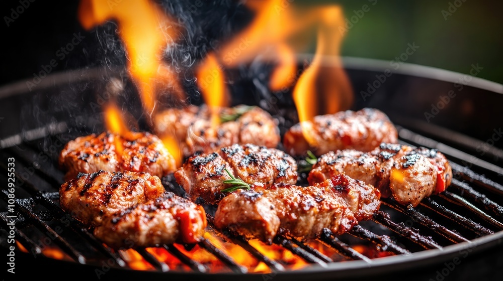 Close-up of sizzling barbecue meats on a grill with flames highlighting juicy textures and a smoky aroma in a vibrant outdoor setting. Close-up of sizzling barbecue meats on a grill with flames highlighting juicy textures and a smoky aroma in a vibrant outdoor setting.