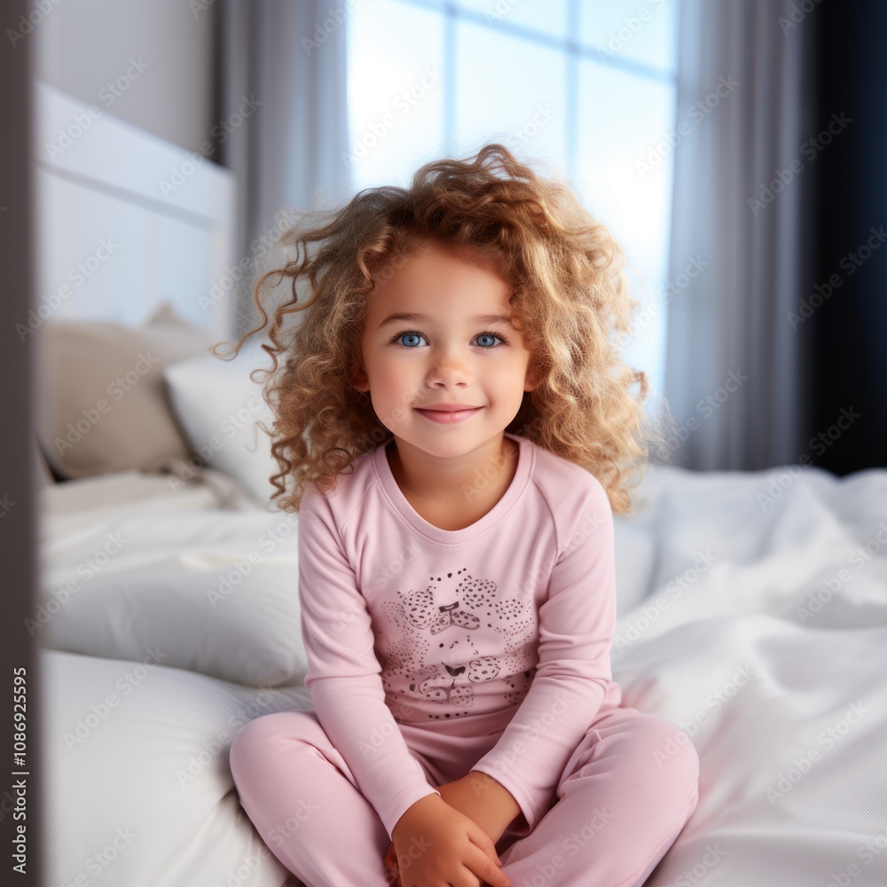 Happy cute adorable toddler girl, sweet 3 year old kid in pajamas sitting on bed after nap sleep Happy cute adorable toddler girl, sweet 3 year old kid in pajamas sitting on bed after nap sleep