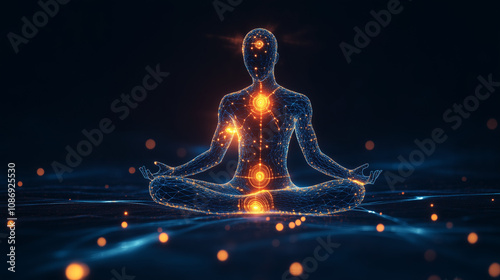 A meditator’s body outlined in light with chakra points glowing, and energy waves moving from the chakras in different directions, symbolizing an awakening of psychic awareness. 