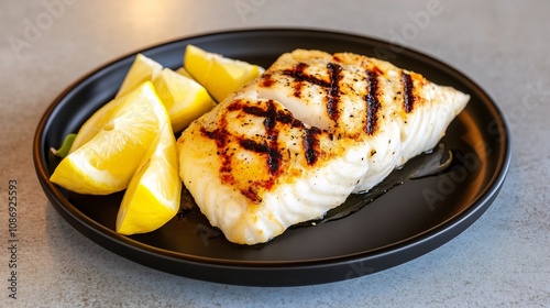 Grilled Fish Fillet with Lemon Wedges on Rustic Plate for Restaurant Ad