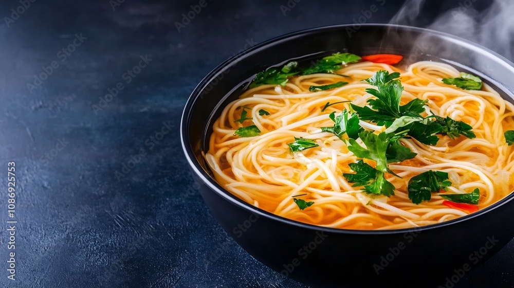 Steaming Bowl of Fragrant Vietnamese Pho Noodle Soup with Fresh Herbs Steaming Bowl of Fragrant Vietnamese Pho Noodle Soup with Fresh Herbs