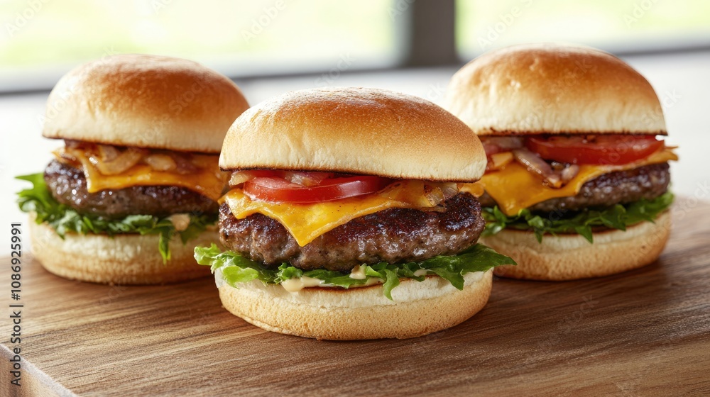 A trio of mini sliders on a wooden platter, topped with melted cheese, fresh tomatoes, crispy onions, and lettuce on soft, golden buns. A trio of mini sliders on a wooden platter, topped with melted cheese, fresh tomatoes, crispy onions, and lettuce on soft, golden buns.