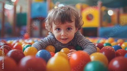 A smiling toddler plays in a ball pit. This photo is ideal for showcasing the joy of childhood and the fun of playing.