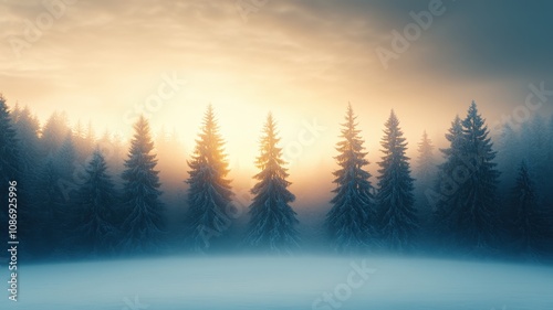 Tranquil winter sunrise over snow-covered pine trees serene forest landscape dreamy atmosphere nature photography perspective