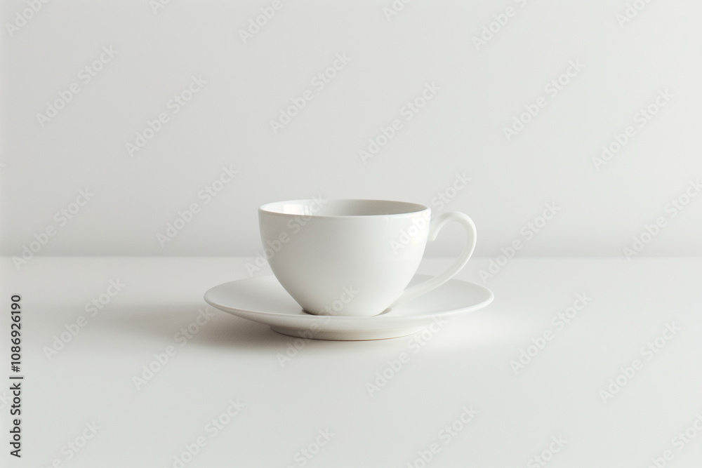 A minimalistic, all-white coffee cup on a white saucer against a white backdrop. A minimalistic, all-white coffee cup on a white saucer against a white backdrop.