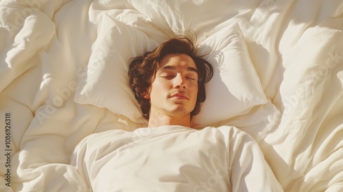 Peaceful Morning Rest: Young Man Sleeping Comfortably in Soft White Sheets. Generative ai